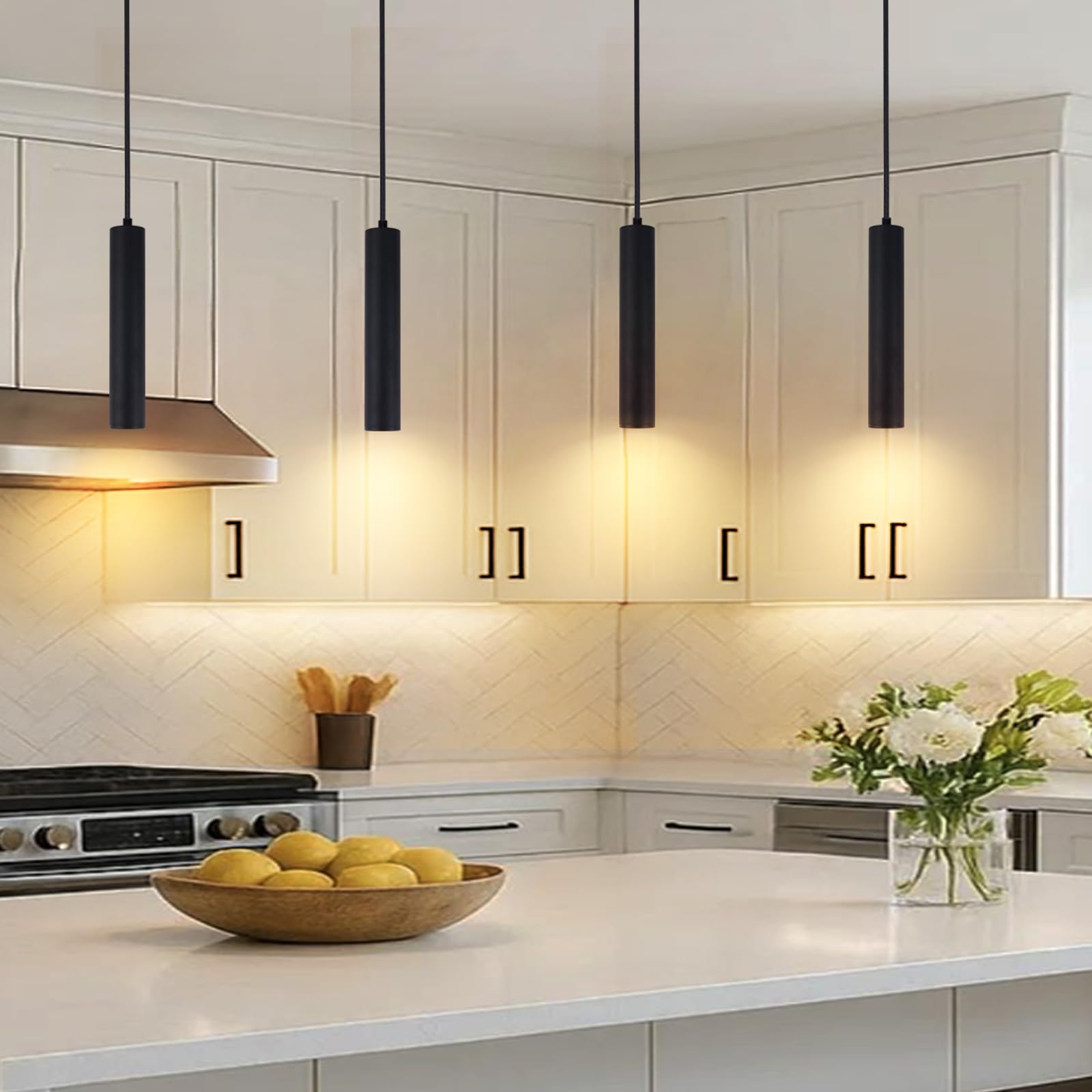 Pendelleuchte Schwarz, Hängelampe GU10 Zylinder mit 5W LED Leuchtmittel, Moderne LED Hängeleuchte für Schlafzimmer Nachttisch,Küche, Esstisch, Wohnzimmer Warmweiß 3000K (30cm 2Stück)