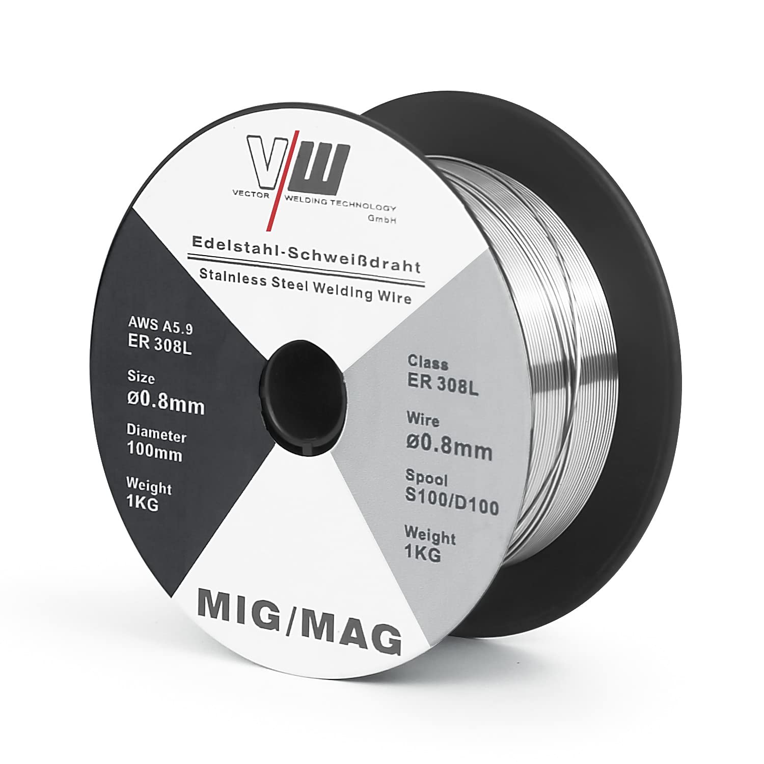 VECTOR WELDING ER308L Hilo para Soldadura de Acero Inoxidable D100/S100-1 kg - Diámetro 0,8 mm - Para soldadoras MIG MAG