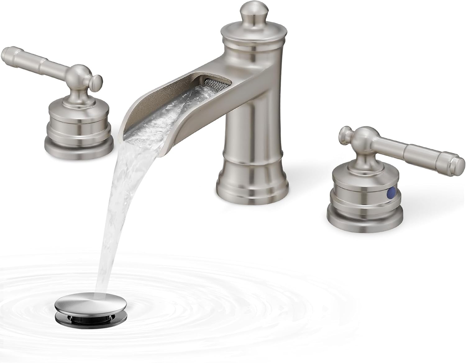 Waterfall Bathroom Faucet Matte Brushed Nickel, Brass 3 Hole Faucet Bathroom Sink Faucet Widespread 4-16 Inch Faucet for Bathroom Sink, 2 Handle Bathroom Faucets with Pop-up Drain & Water Hoses