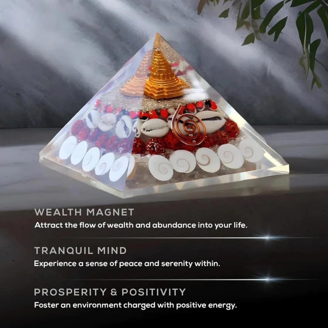 ONISHOMES Laxmi Pyramid for Spiritual Growth Wealth Enhancer with Shree Yantra Decorative Showpiece,Vastu Pyramid with Rudraksha, Shree Yantra, Gomati Chakra, White Kauri & Ratti Seeds for Prosperity 2