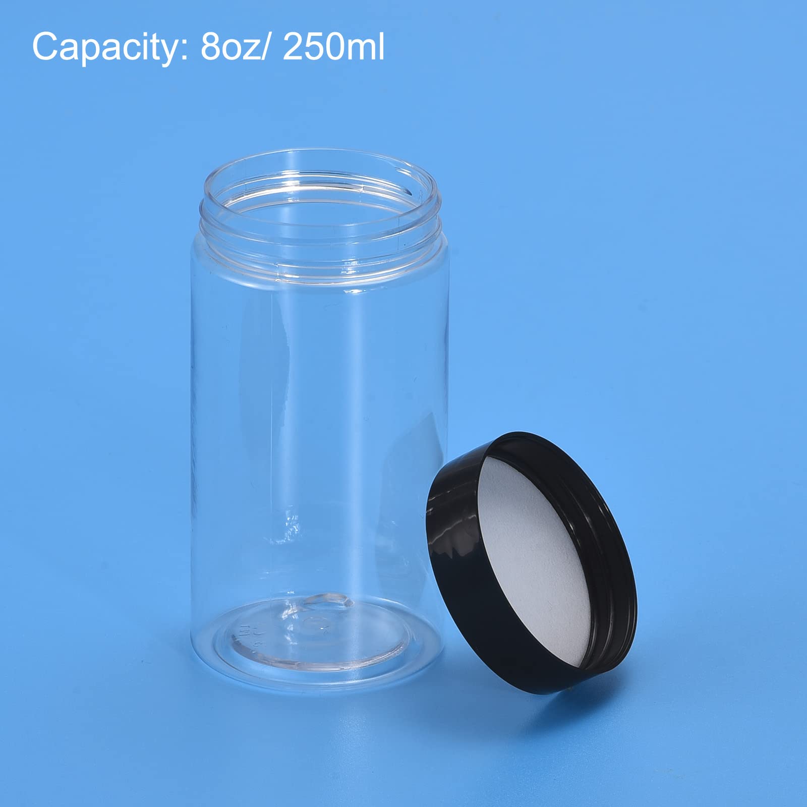 sourcing map Pots Ronds Plastique avec Noir Vis Haut Couvercle, 8oz/ 250ml Large Ouverture Transparent Conteneurs Vides pour Stockage, Organisation, 12Pcs