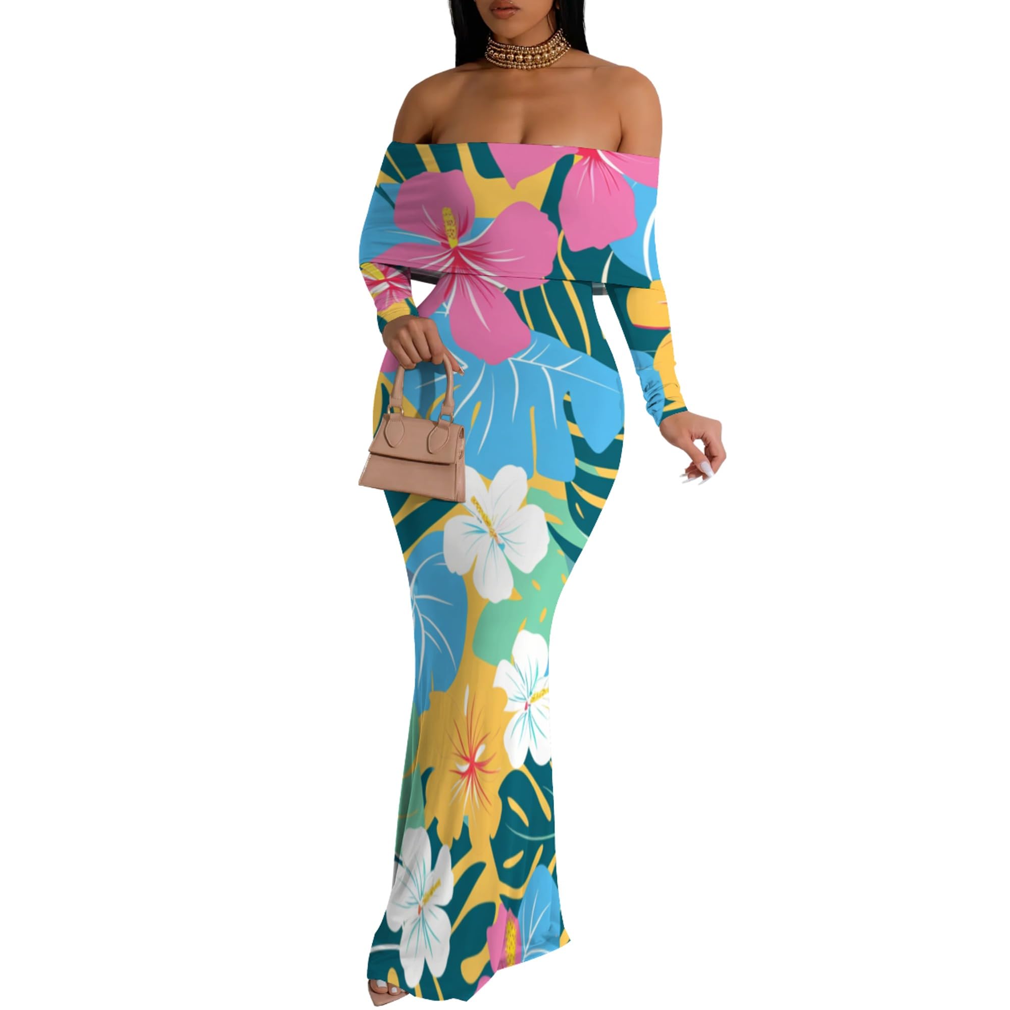 Women's Sexy Casual Hawaiian Floral Maxi Dress Off The Shoulder Long Sleeve Backless Wrap Bodycon Dresses（S-3XL）
