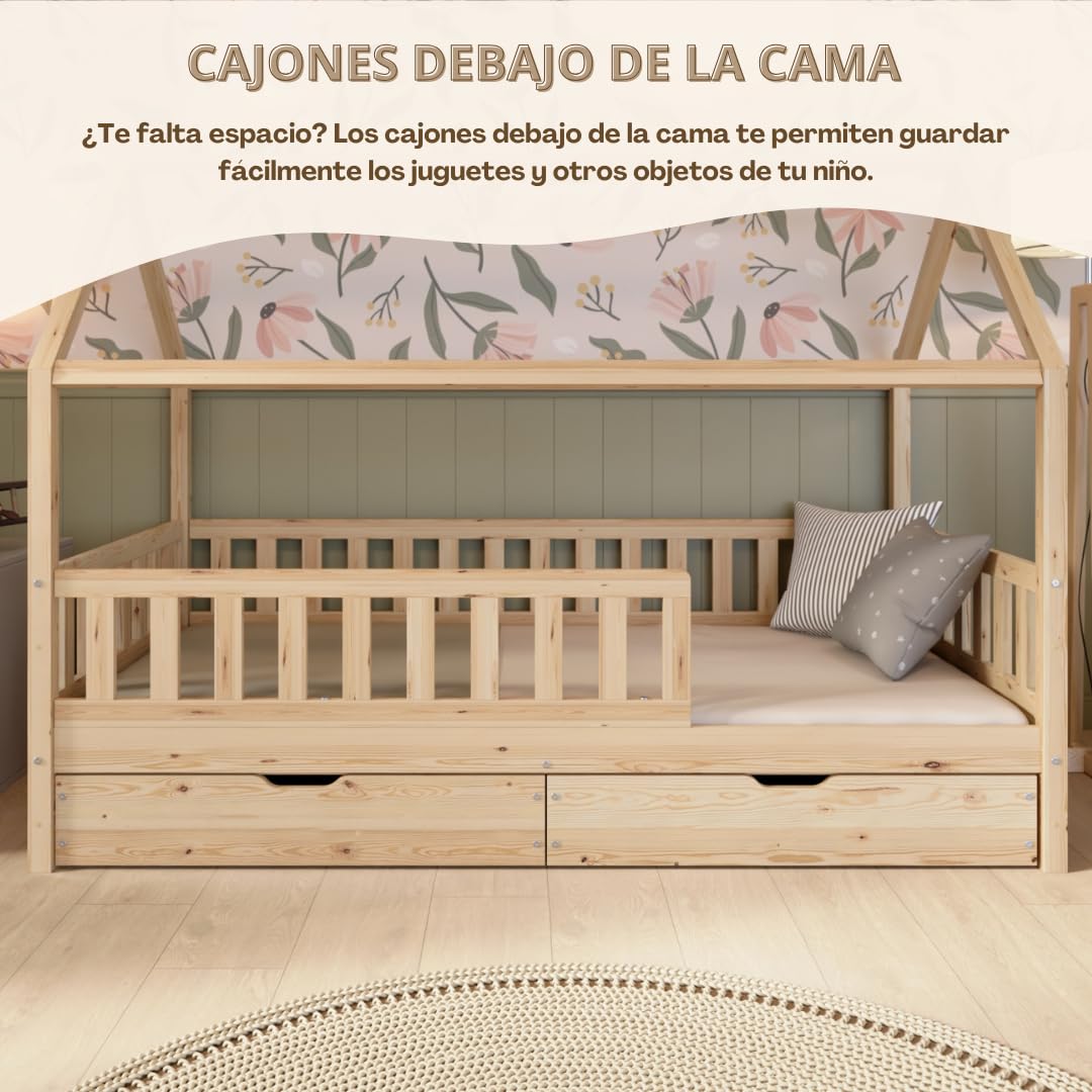 Cama Montessori en Forma de Casa 190x90 cm - Cama Infantil con Protección contra Caídas 40cm y Barrera Abrible - Camas Infantiles niño - Madera Natural con Cajones