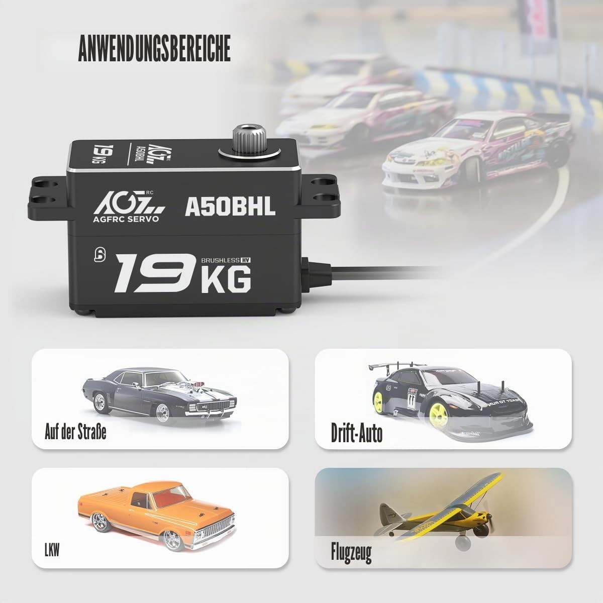 AGFRC 19 kg Low-Profile-programmierbarer RC-Lenk-Servo – 0,073 Sekunden Hochgeschwindigkeits-Vollmetallgetriebe, bürstenloser schwarzer Servo mit 25T Metall-Servohorn für 1/10 RC Drift-Auto