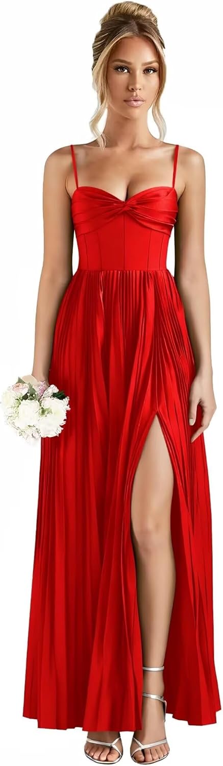 Pleated Satin Bridesmaid Dresses with Slit Spaghetti Strap Long Formal Wedding Gues...