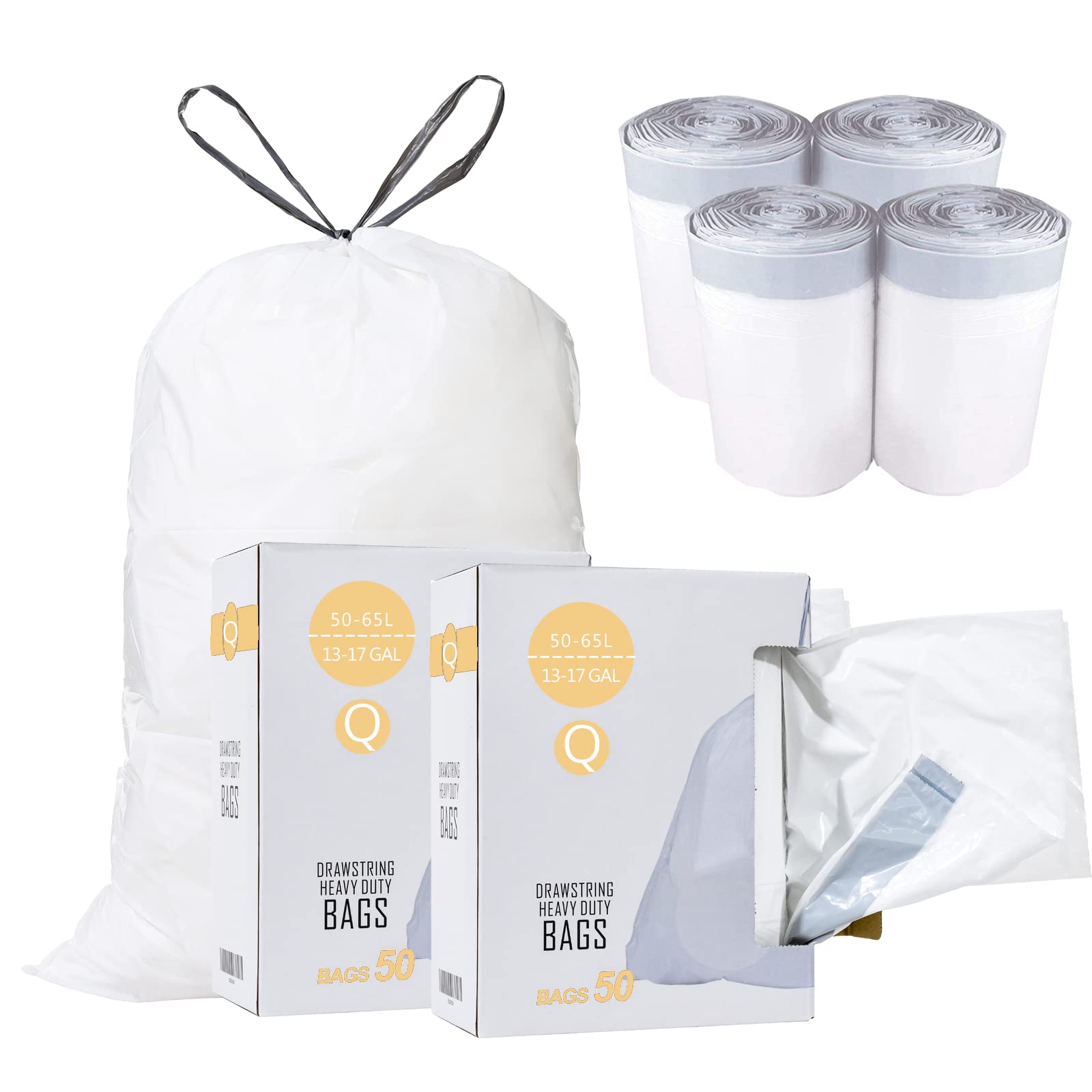 Repaironics Code Q 2 Packs(100 Count Total) 13-17 Gallon Heavy Duty Drawstring Trash Bags Compatible with Simplehuman Code Q Garbage Can Liners 13-17 Gallon/40-65 Liter | 1.2 Mil | White