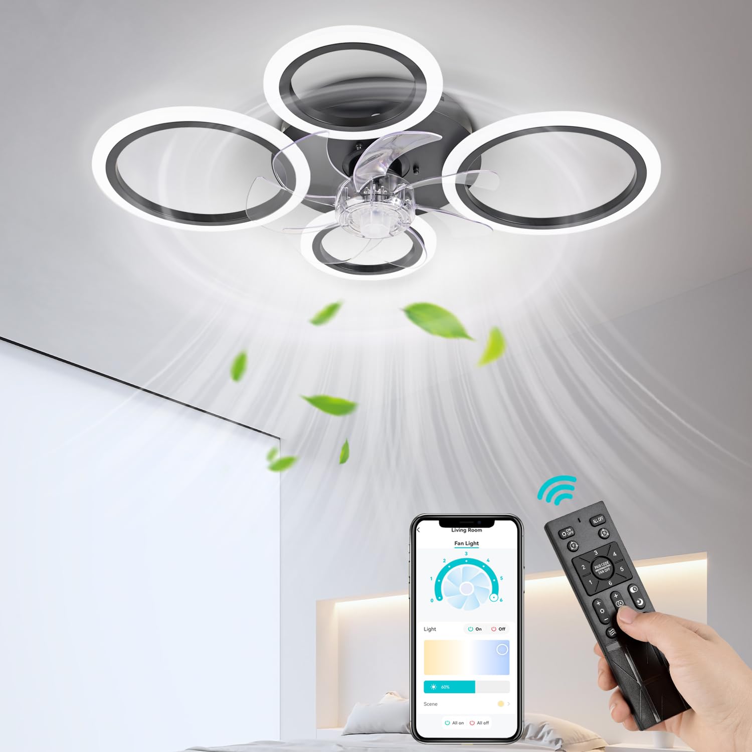 Ceiling Fan with Lights, Flush Mount Modern Low Profile Fan with Reversible Blades, Dimmable LED Light and Remote Control, 6 Wind Speeds (Big&Small Circles, Black)