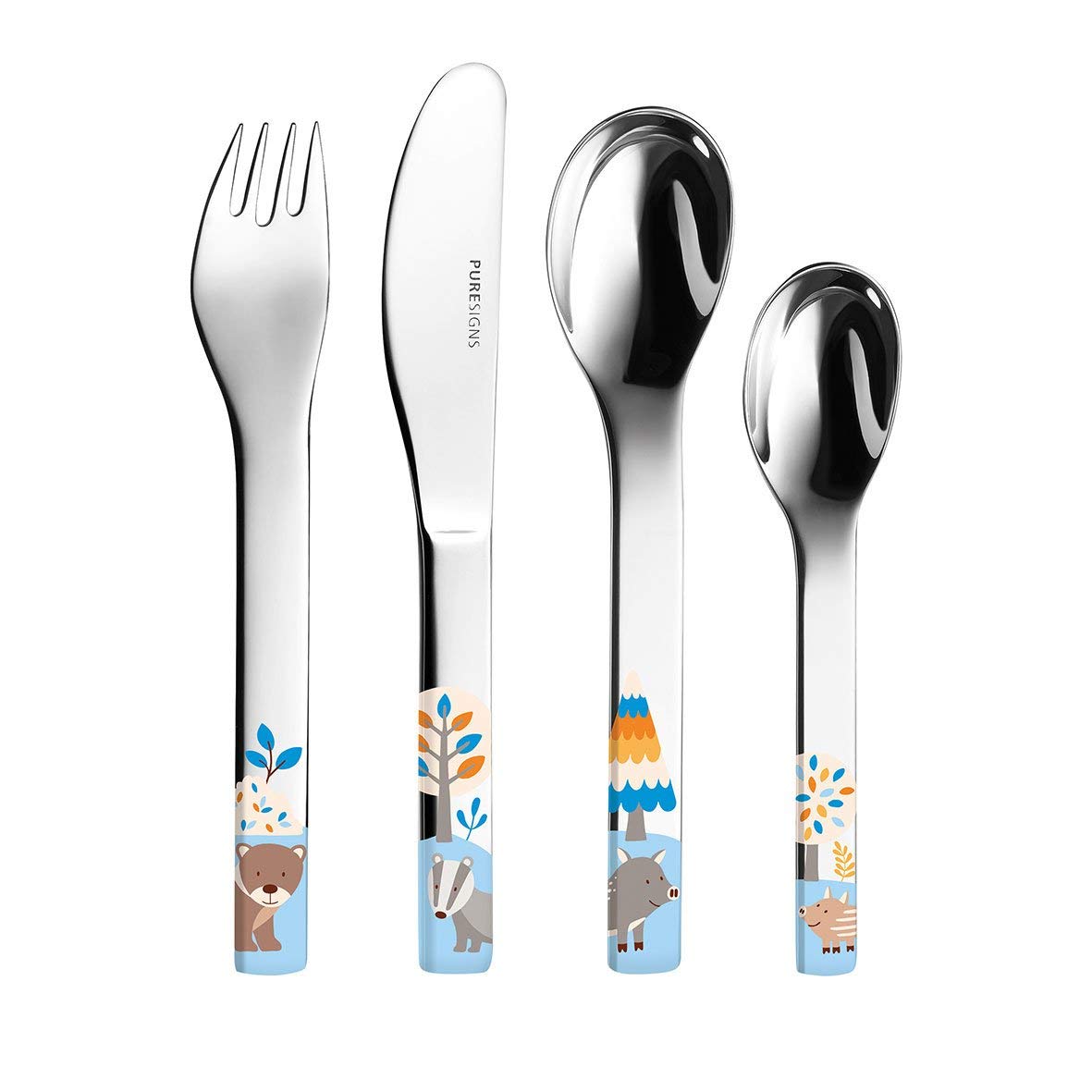 Puresigns FRIENDS Kindergeschirr Set 7-teilig - Langlebiges Design mit Waldtieren - Dachs, Bär & Wildschweinfamilie - Inkl. Besteck, Teller, Müslischale & Tasse | Geschirr + Besteck, BPA-frei & spülmaschinenfest