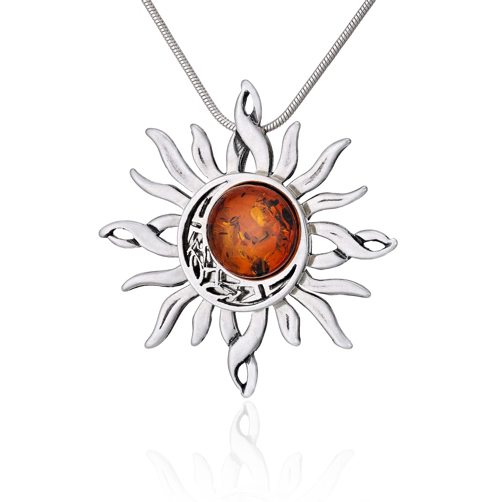 Collar para mujer con ámbar, plata de ley oxidada, ámbar báltico redondo, colgante de sol y luna celta con cadena, Plata esterlina, Ámbar