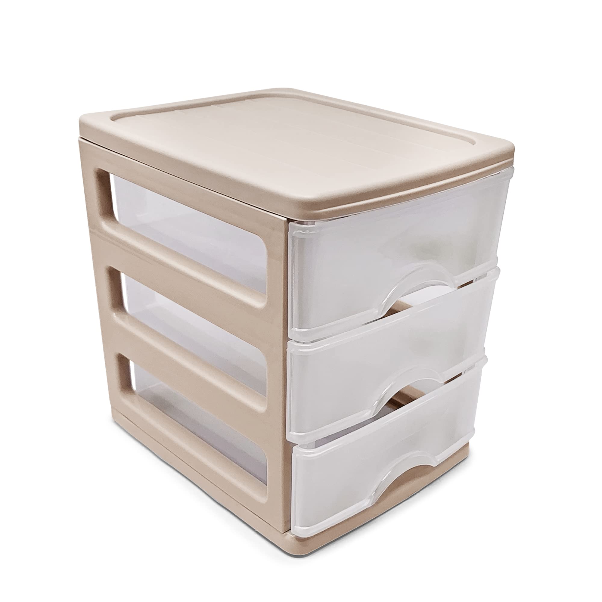 Plastic Desktop Storage Unit with Drawers, Stationary Arts Drawer Desktop Tabletop Organiser Storage Tower Unit for Office Bedroom Garage ((17 x 13.5 x 17cm, Taupe with 3 Clear Drawers)) — view 3