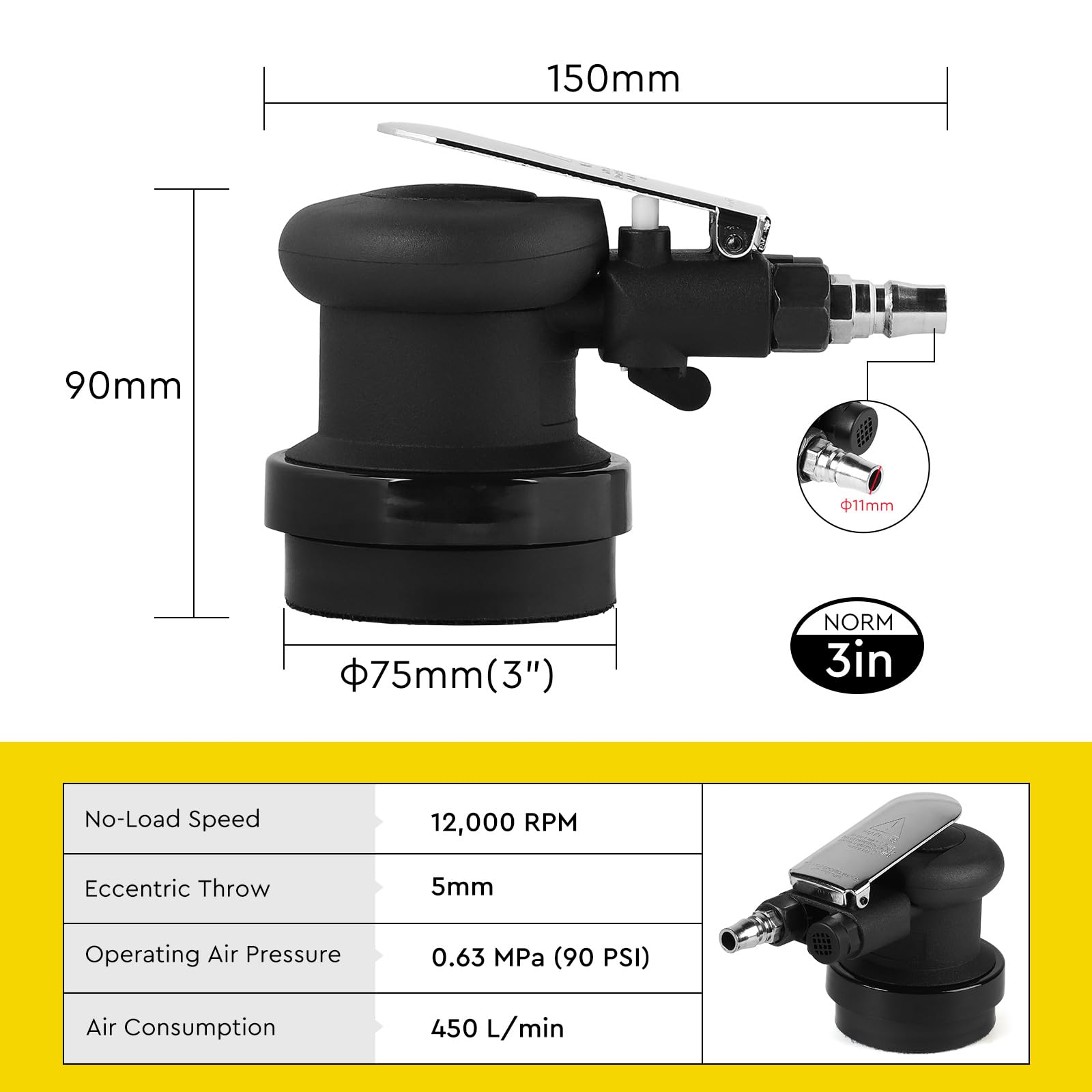 SWAWIS 75mm Levigatrici Orbitale Pneumatica, 12000RPM, Eccentricità 5 mm, Accessori Completi, Smerigliatrice Orbitale ad Aria per Levigare e Lucidare Superfici Automobilistiche in Legno e Metallo