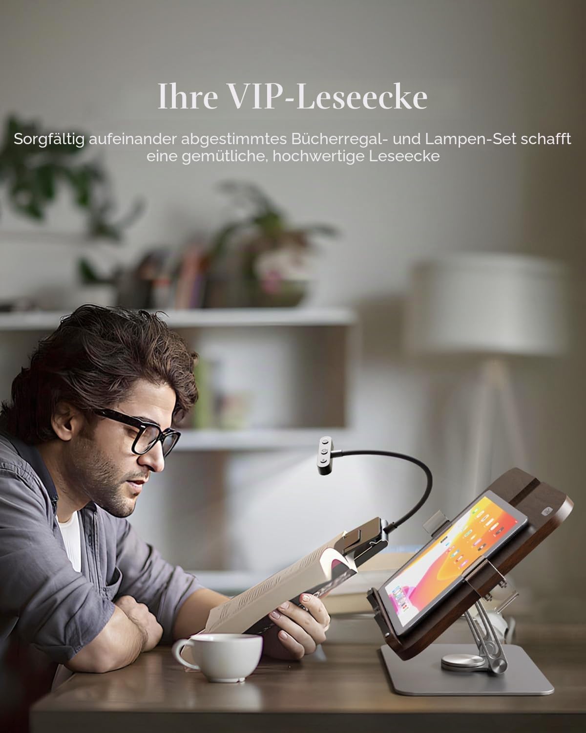 Buchständer mit Licht, aktualisierter verstellbarer Buchhalter mit 360° drehbarem Sockel, faltbarer Kochbuchständer, Rezeptbuch für Noten, Laptop, Rezept, Lehrbuch, Buchhalter