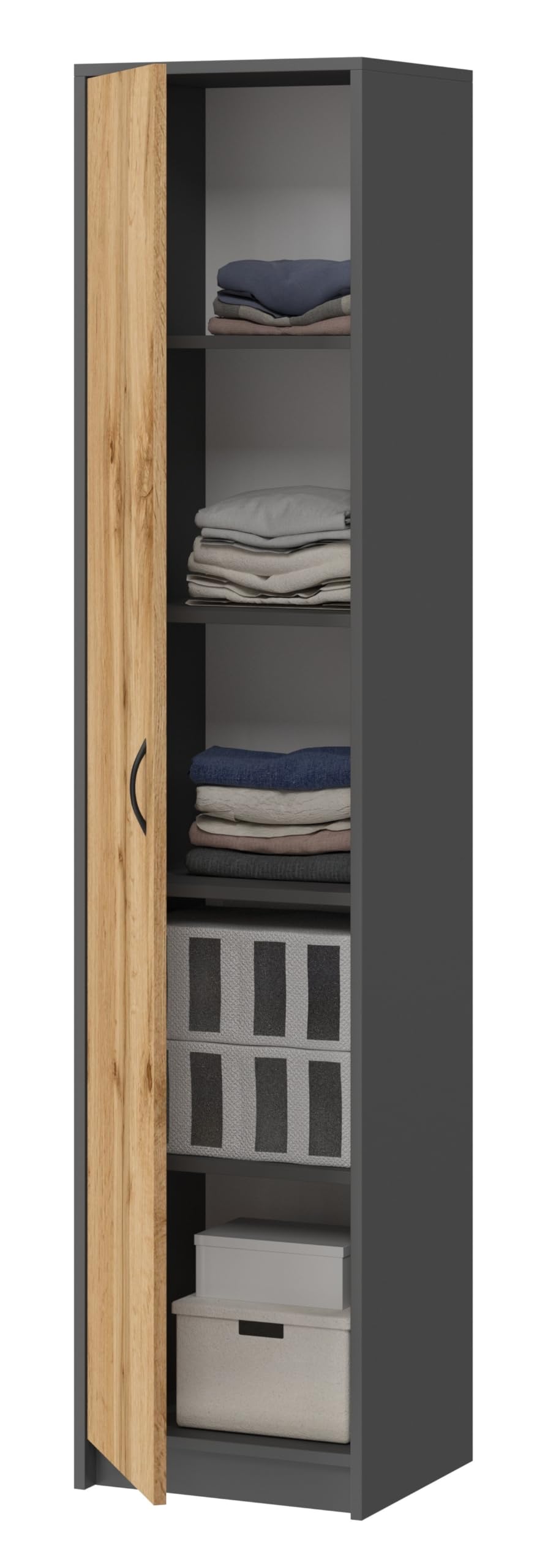 Büroschrank Aktenschrank Kleiderschrank Mehrzweckschrank Büroregal mit 1 Tür und 5 Fächern Universeller Schrank für Büro und Zuhause 180x40x35 cm (Grafit/Eiche Wotan)