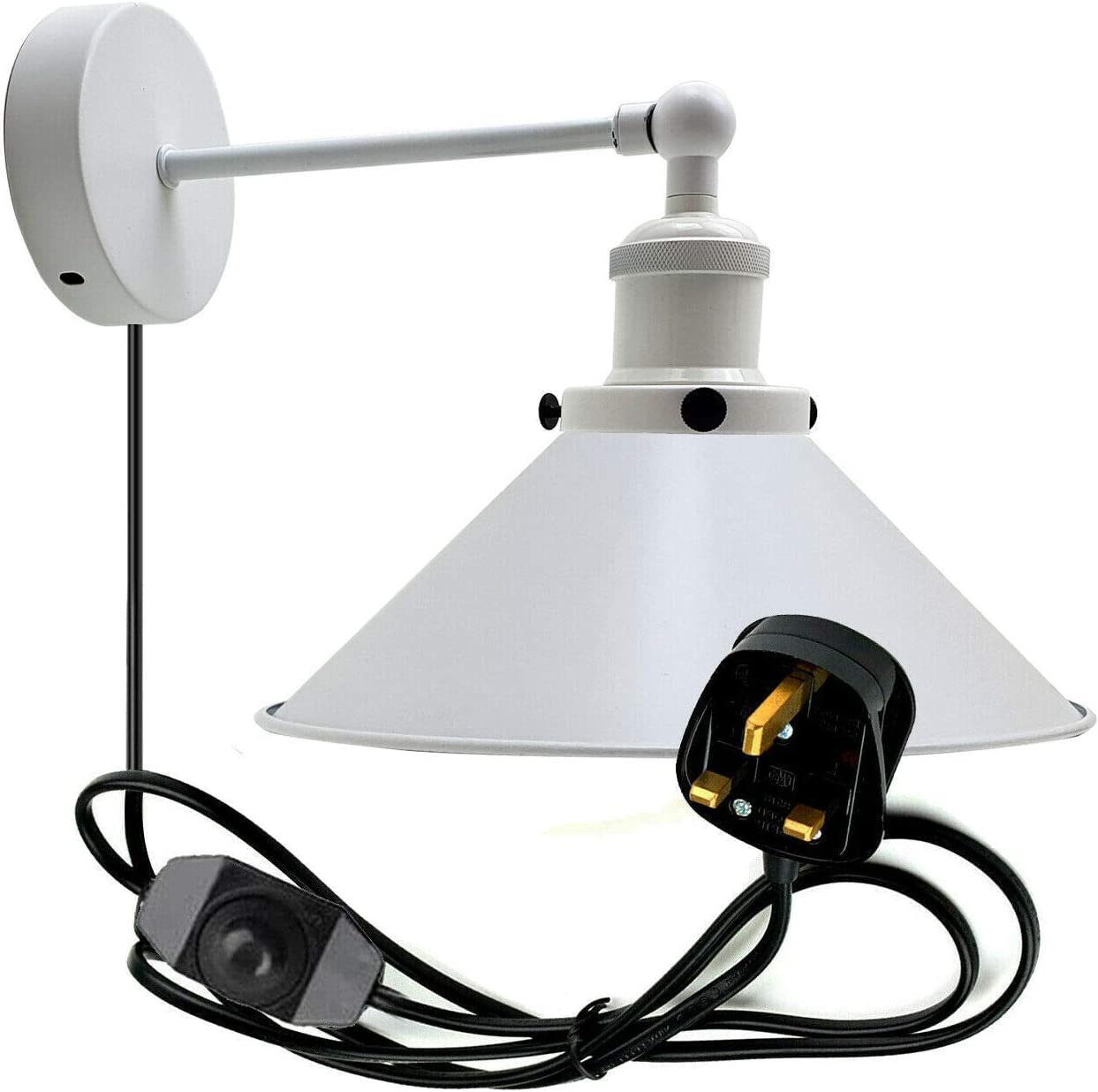 Ledsone White Retro Plug In Wall Light Lamps With 2M Plug In Cable Cord And Dimmer Switch, Edison Metal Swing Adjustable E27 Wall Sconce, Vintage Industrial Indoor Reading Bedside Lamp (White)