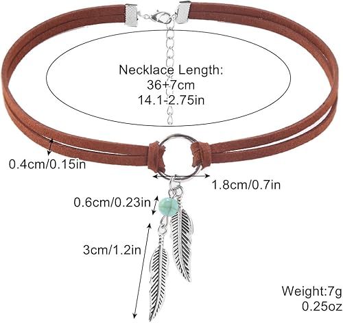 Miniatura 6 de coadipress Gargantilla de cuero turquesa bohemia para mujer, estilo vintage, hecha a mano, con plumas, en capas, negro, marrón, gamuza, vaquera,