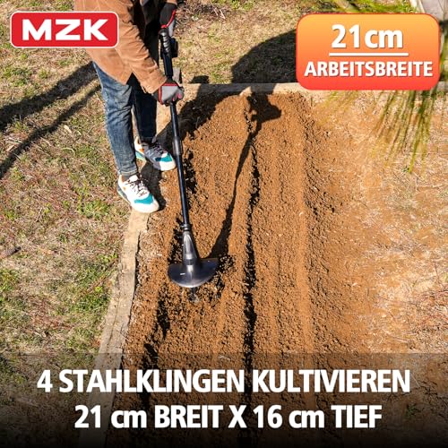 MZK 20V Akku-Motorhacken, 20 cm Arbeitsbreite, 360 U/min, Kabellose Gartenfräse mit 24 Stahlzinken, für Rasen Garten Bodenbearbeitung (2X 2,0Ah Akku & Ladegerät)