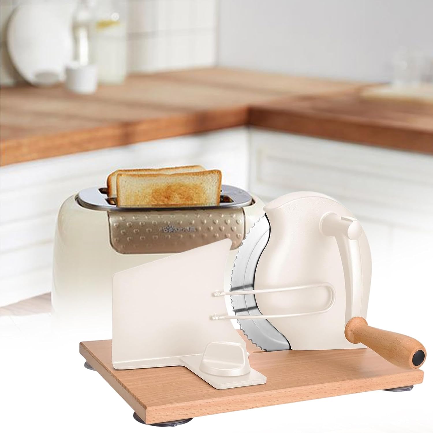 Manual Bread Slicer Machine with Hand Crank for Home Kitchen Bakery Coffee Shop, Cast Iron and Beech Wood Construction, 11.81x7.87x7.48inch