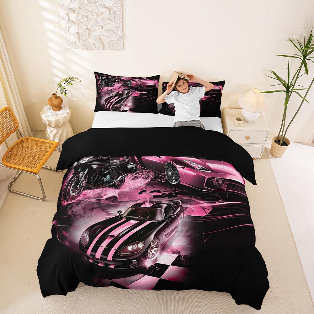 Homemissing Race Car Kids Duvet Cover King Size, Pink Racing Car Bedding Set Extreme Sports Comforter Cover Automobile Bedspread Cover Room Decor Breathable Quilt Cover (No Comforter)