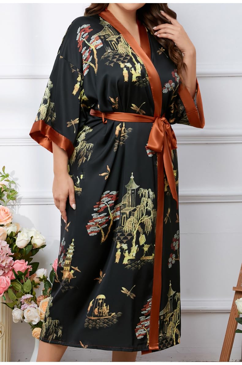 Genérico Bata de Satén de Lujo para Mujer,Estilo Albornoces Kimono con Estampado Floral Gris,Camisón de Novia y Dama de Honor con Cuello en V,Suave,Talla Grande,Largo.