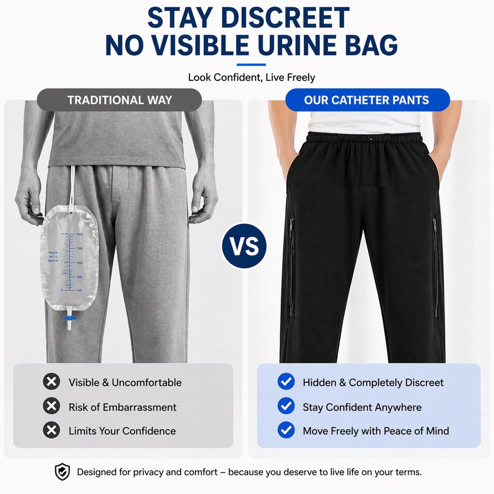 Pantaloni Porta-Sacca per Urina con 2 Tasche con Cerniera, Pantaloni Porta-Catetere per Incontinenza, Pantaloni Porta-Sacca per Urina, per Nefropatia, Nefrostomia