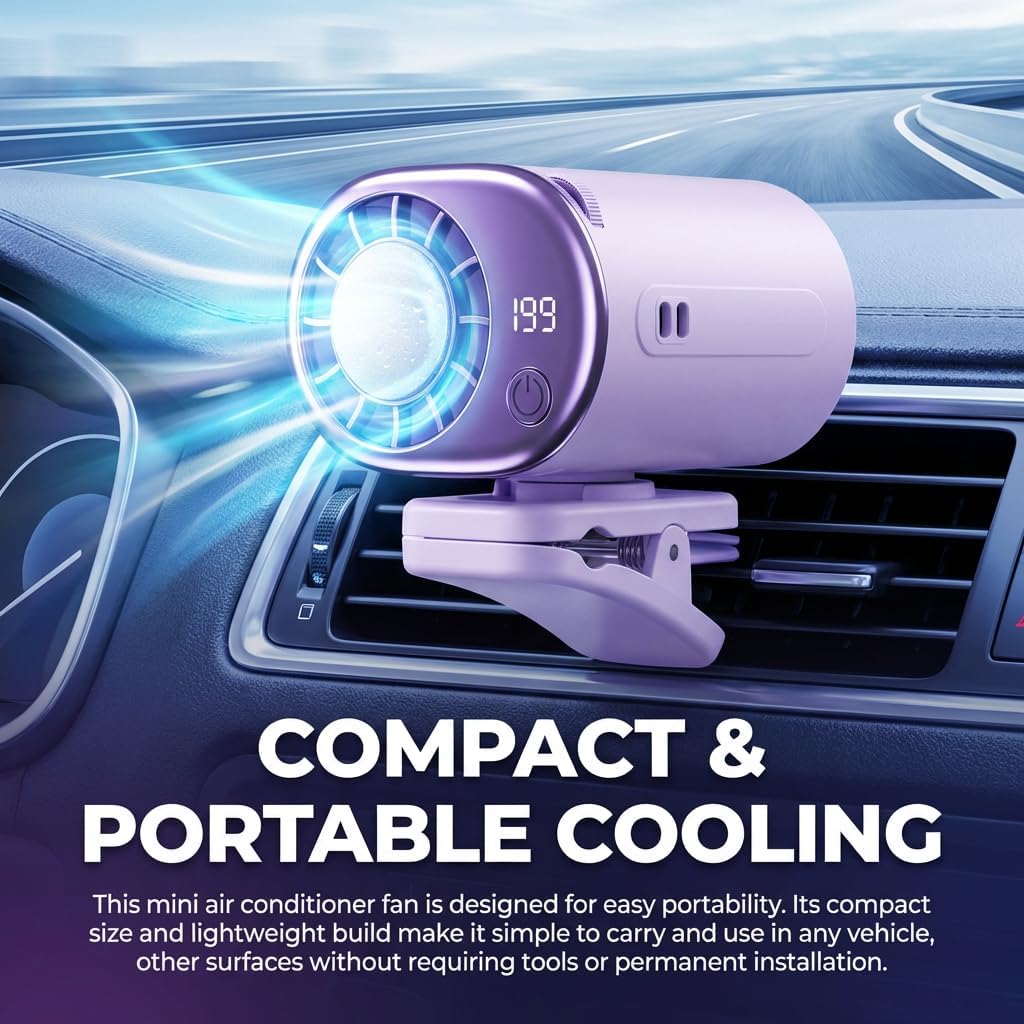 Portable Car Ac, Portable Car Ac, Clip on Air Conditioner Fan, with LED Display - 360° Rotation, Portable Mini Cooling System for Auto Vehicle, 199 Speeds Adjustable