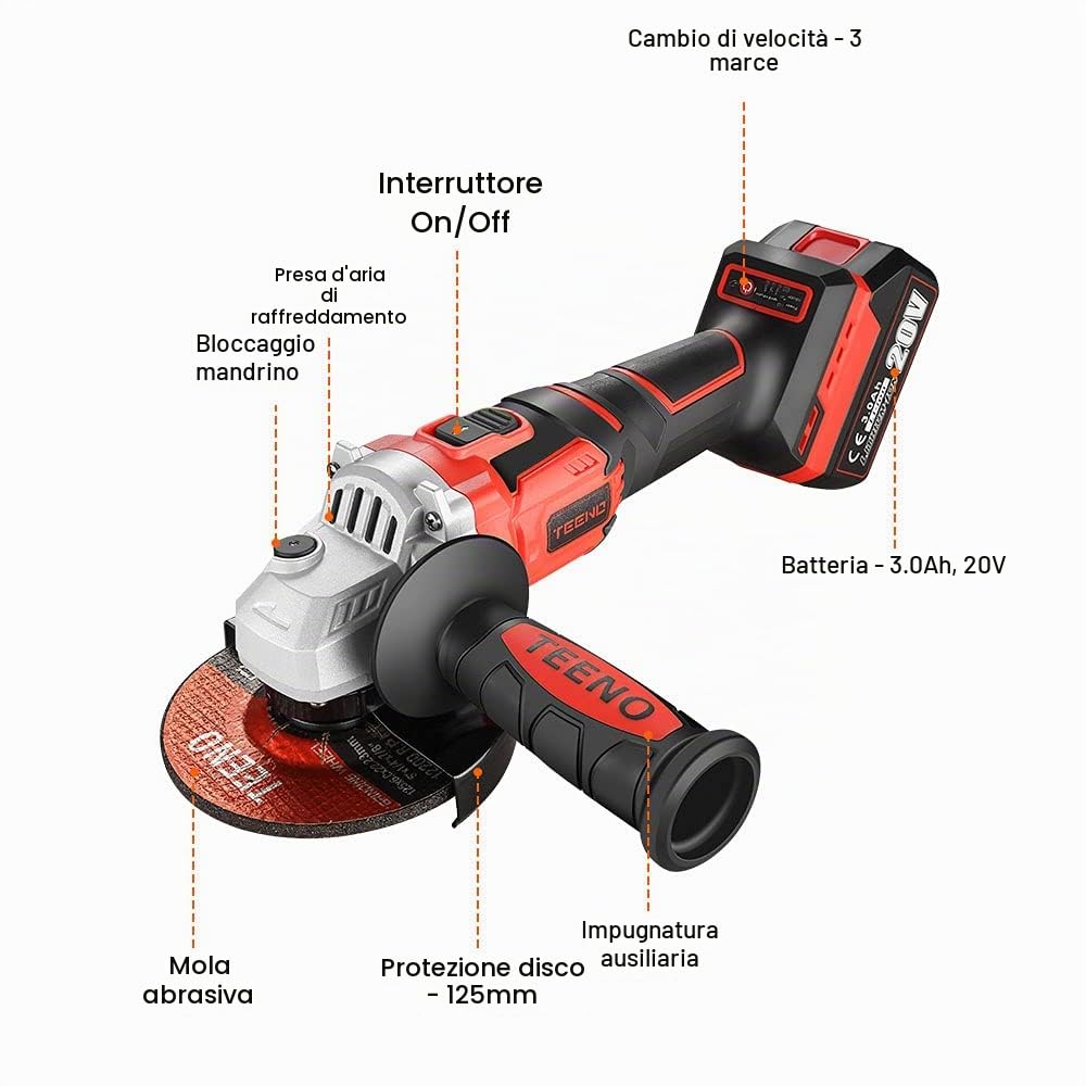 TEENO Smerigliatrice angolare a batteria da 125 mm, senza spazzole,2 batterie da 3,0 Ah,smerigliatrice angolare da 9800 giri/min con dischi da taglio