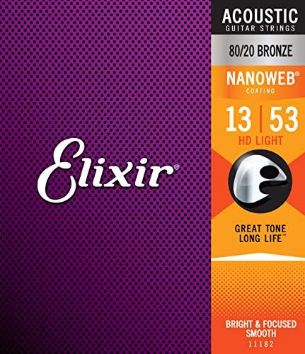 Elixir Strings 80/20 Bronze Acoustic Guitar Strings w NANOWEB Coating, HD Light (.013-.053)