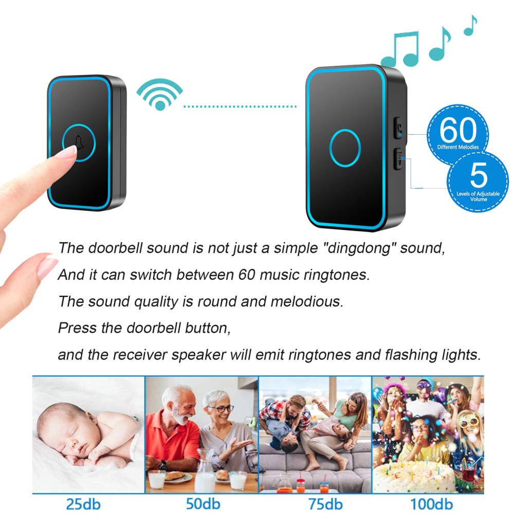 Timbre inalámbrico IP55 resistente al agua, kit de timbre de puerta con 4 receptores enchufables y 2 transmisores, destellos LED/antiinterferencias, 60 timbres, 5 niveles de volumen, rango de trabaj