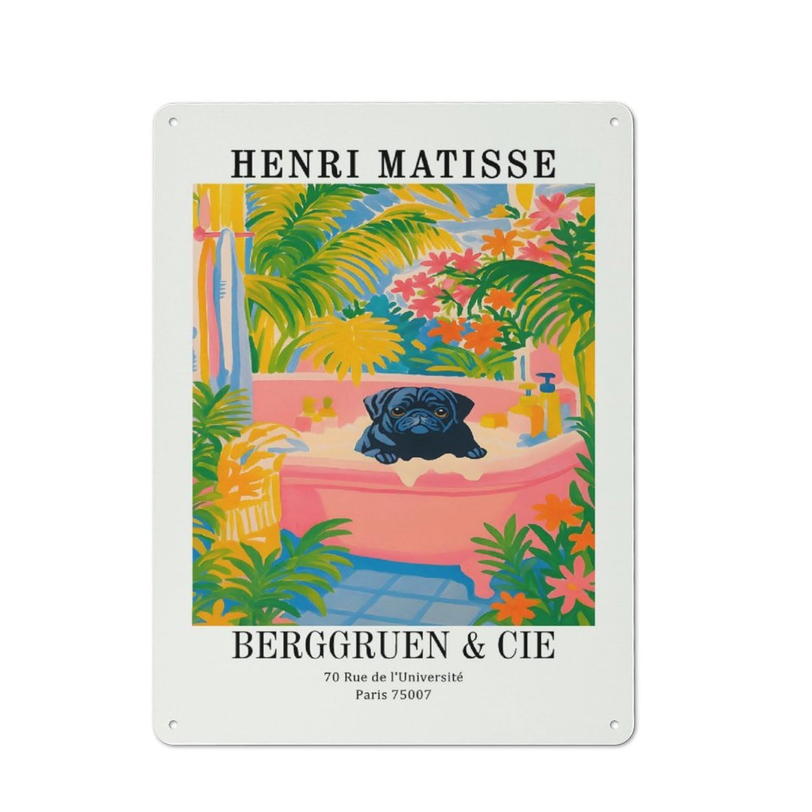 Henri Matisse Pug in Bathtub Art Decorative Metal Wall Decor 40x30cm, Decorative Tin Plaque for Bedroom, Kitchen, Office Or Living Room