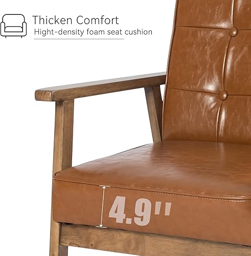 Miniatura 12 de Okeysen Juego de 2 sillas decorativas, sillón retro de cuero moderno de mediados de siglo para sala de estar, sofá individual de madera maciza con