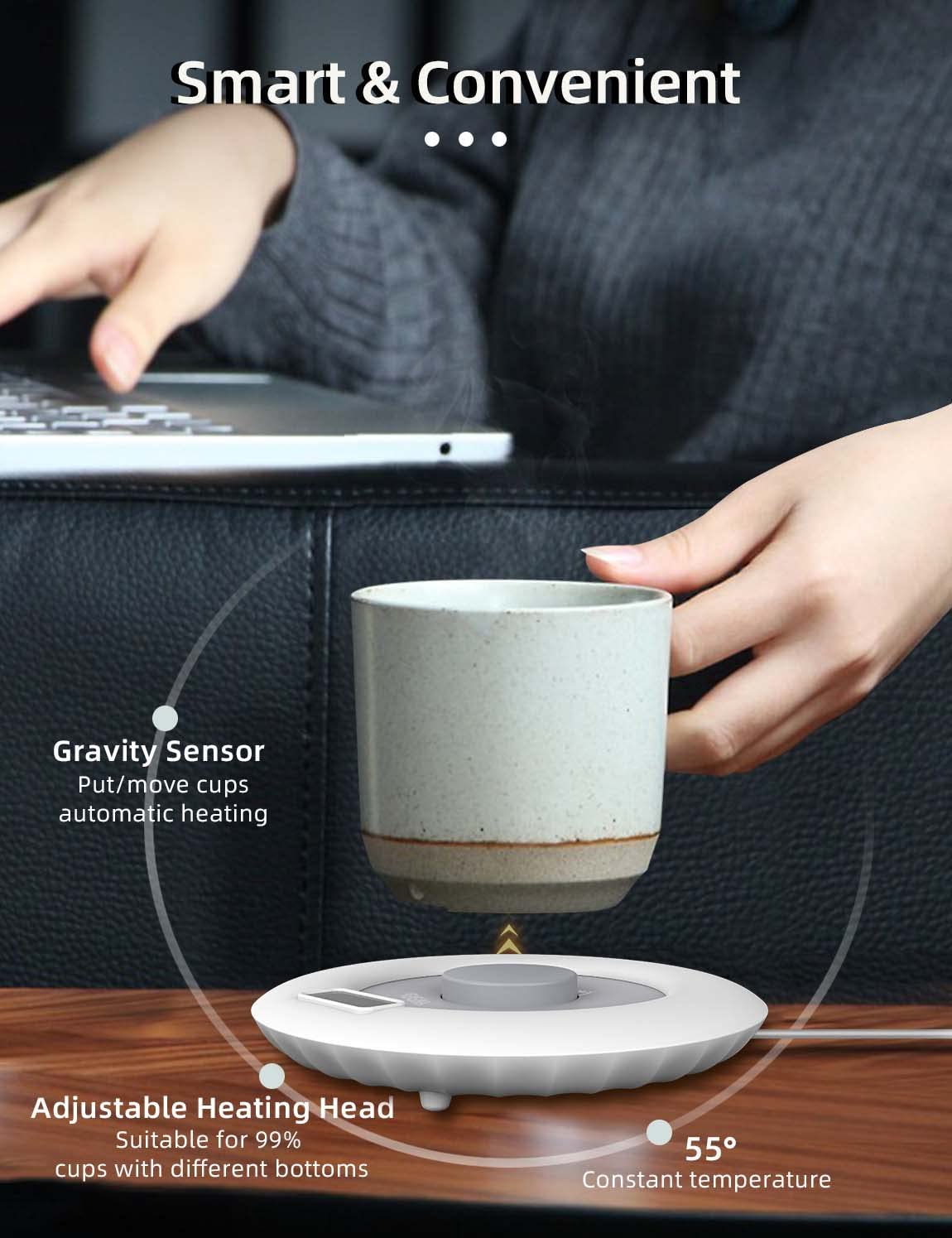 Riscaldatore per tazza da caffè KENSUKA per scrivania, funzionamento a induzione di gravità, temperatura costante di 55℃, ingresso di alimentazione USB 5V/2A, lavabile con acqua.