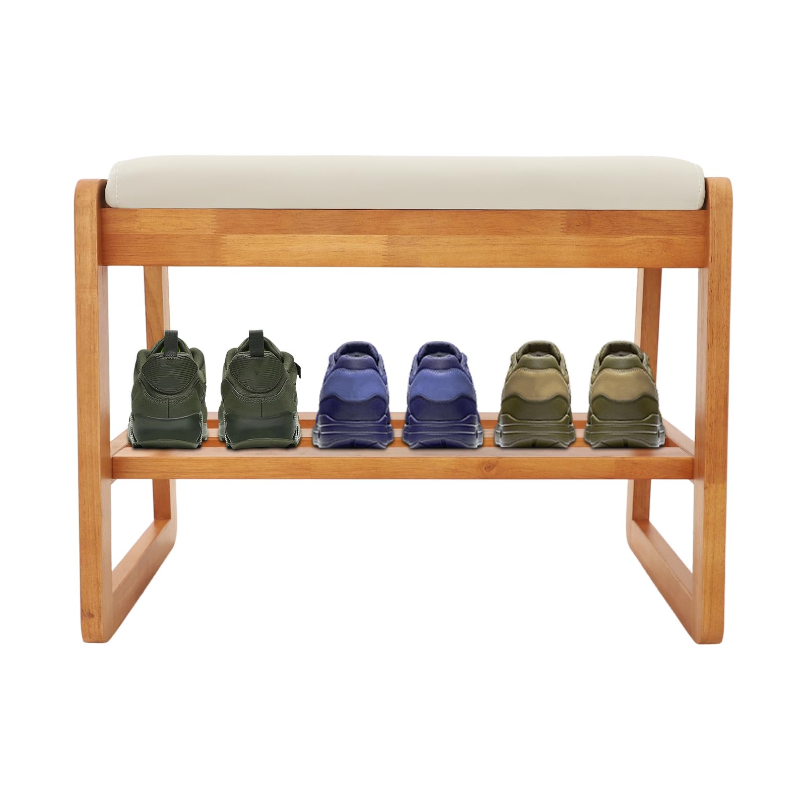 Zapatero de madera con asiento, zapatero con cojín, 2 niveles, para pasillo, armario, salón, 55 x 30 x 42 cm (color madera cerezo)