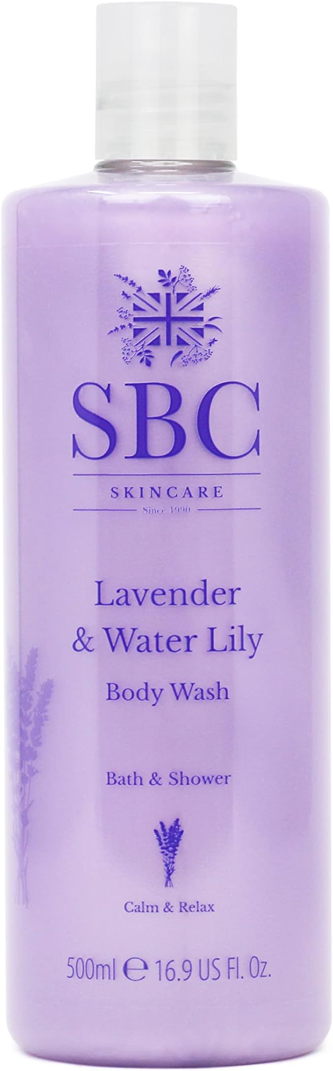 SBC Skincare Lavender & Water Lily Body Wash 500ml - Calming and Relaxing Shower Gel and Bubble Bath