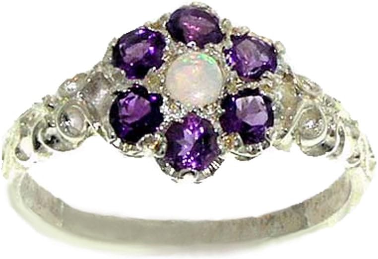 LetsBuyGold 925 Sterling Silver Natural Opal and Amethyst Womens Cluster Ring - Size 5.75