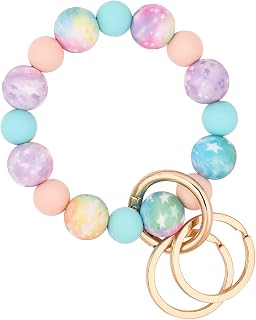 BAOSIWA Silicone Beaded Keychain Wristlet Bracelet with 2 Keyrings - Secure No-Slip Fit for Small Wrists, Women & Girls