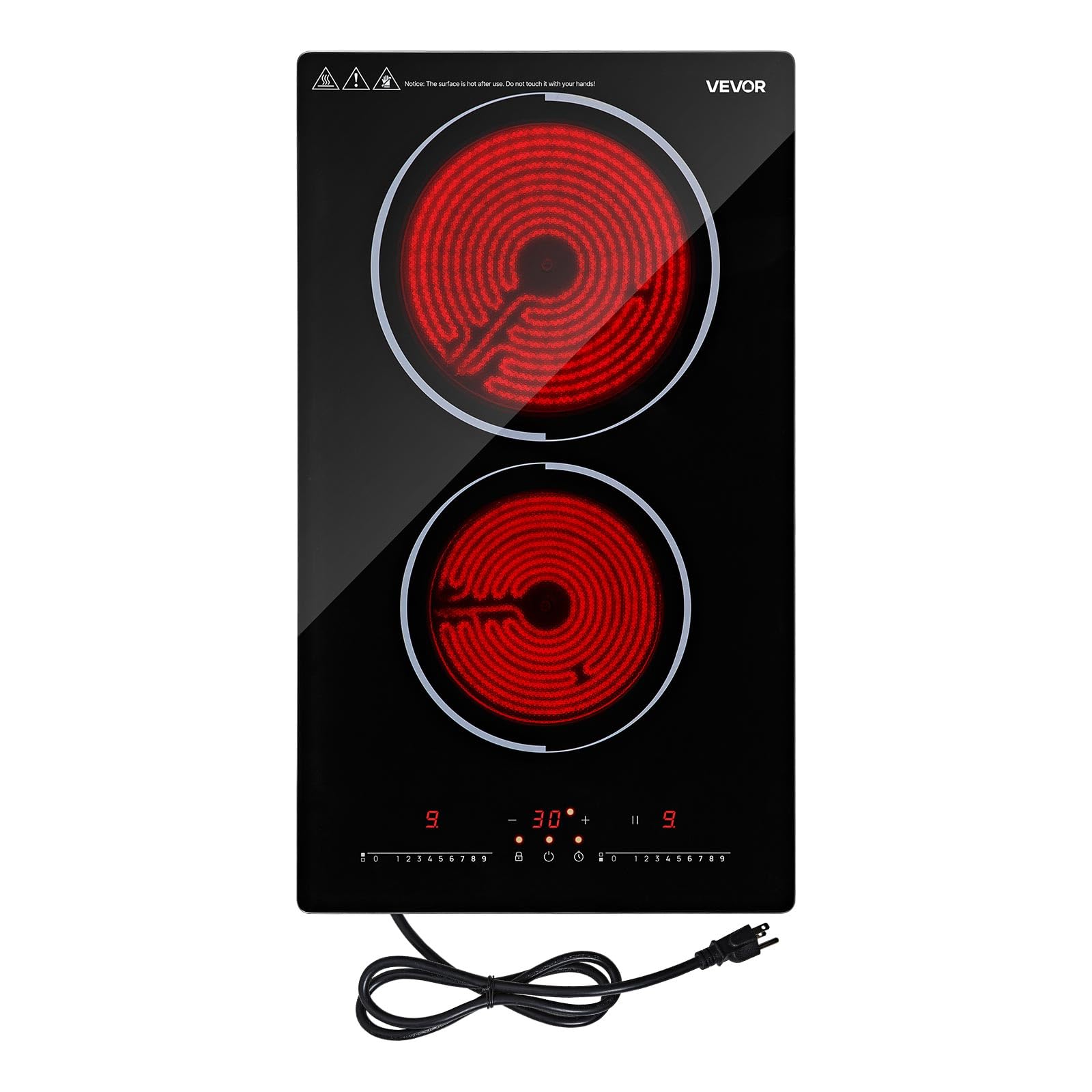 VEVOR Electric Cooktop 12inch 2 Burners Portable Stove Top, Ceramic Radiant Stove Countertop &amp; Built-in, 9 Power Levels, Timer, Child Lock, Touch&amp;Independent Control, Single Ring, Standard, 110V 1800W