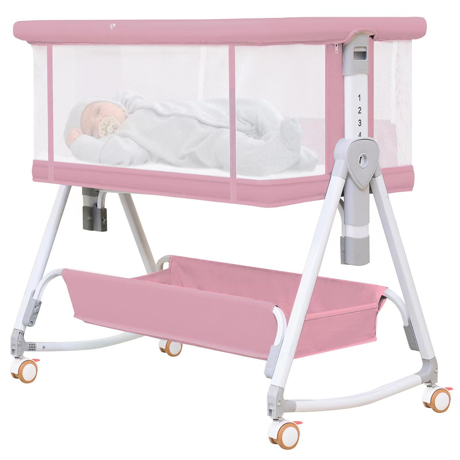 Baby Bassinet Bedside Sleeper for Baby with Wheels and Storage Basket ,All Mesh Portable Bedside Bassinet Co Sleeper for Newborn /Infant,7 Height Adjustable Easy to Assemble Bedside Crib (Pink)