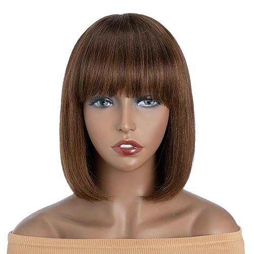 Miniatura 1 de QVR - Peluca de cabello humano corto estilo Bob con flequillo, 10 pulgadas, cabello lacio virgen brasileño hecho a máquina, sin encaje frontal, para