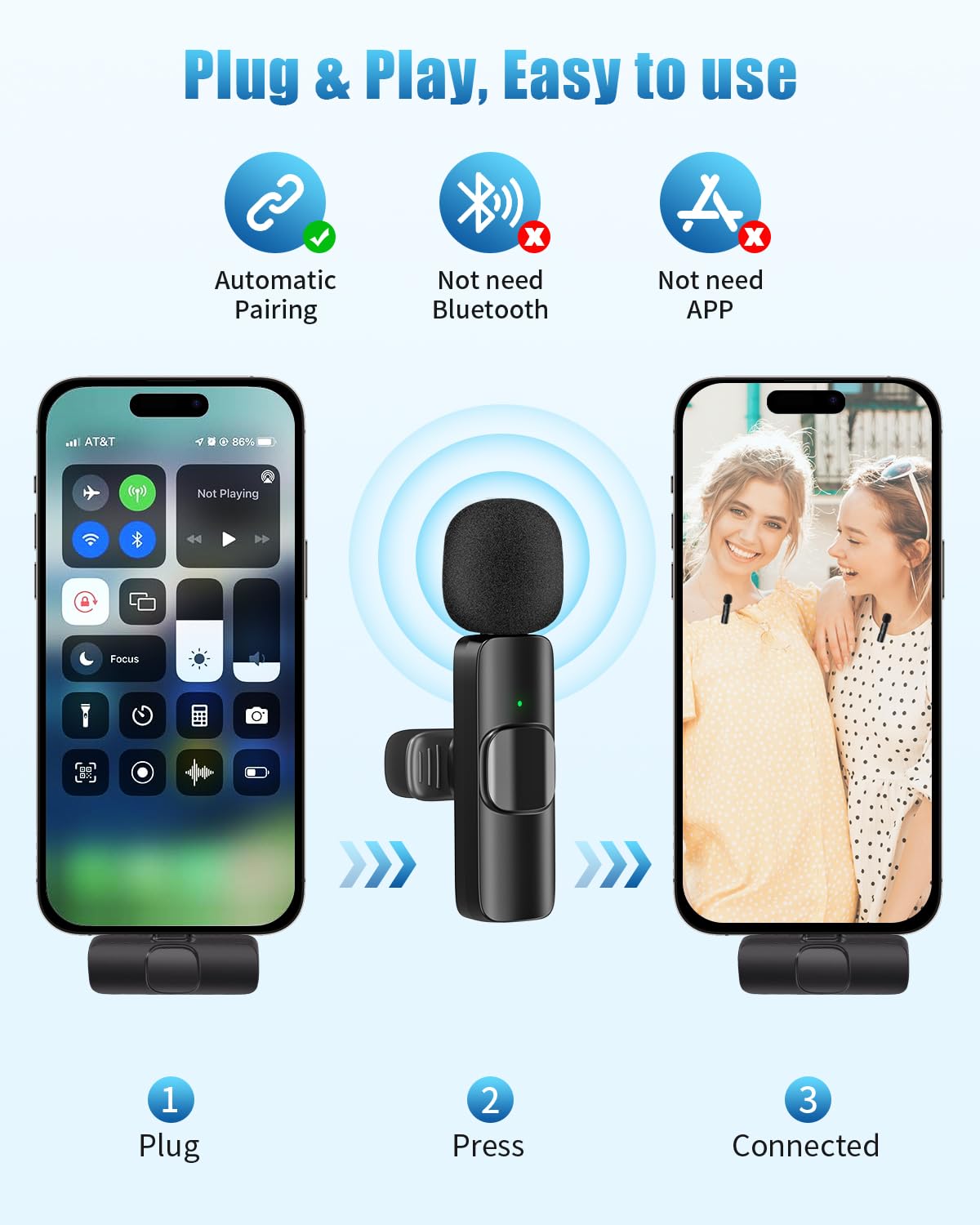 Wireless Lavalier Microphone for Android/iPhone/Computer/Laptop, Wireless Mic for iPhone 13 14 15 16 17 with Noise Reduction Chip, Mini Microphone for Recording Podcast YouTube, TikTok(2 Pack)