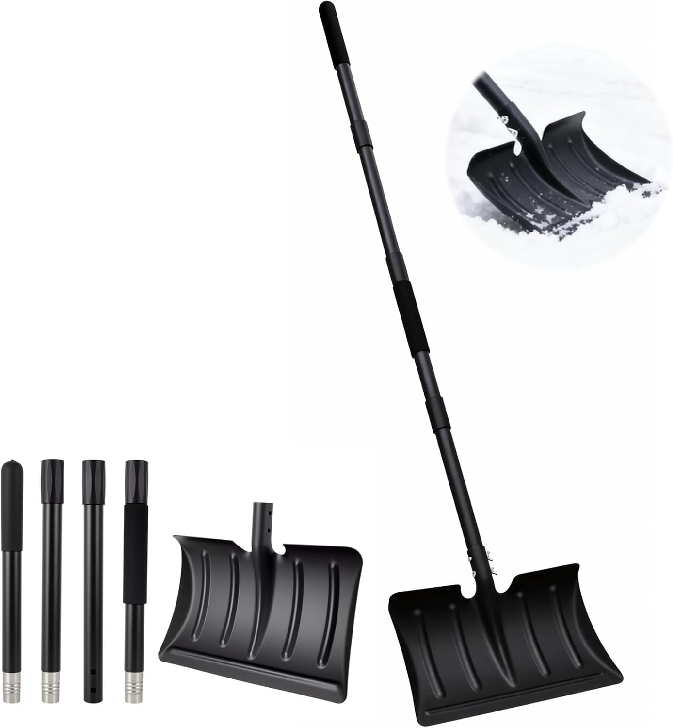 16" Wide Metal Snow Shovel, Heavy Duty Snow Shovel with Long Adjustable 38-64" Handle, Collapsible Portable Steel Snow Removal Scoop with Anti-Freeze Foam for Driveway, Car, Also for Mulch Soil Grain
