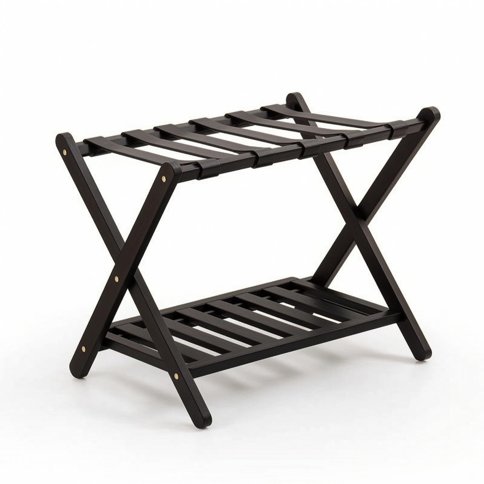 SNAPPSY Bamboo Luggage Rack with Shelf Foldable Luggage Rack with Storage Shelf Space-Saving 2-Tier Suitcase Holder for Guests, Guest Room, Hotel, Bedroom Black-image-12
