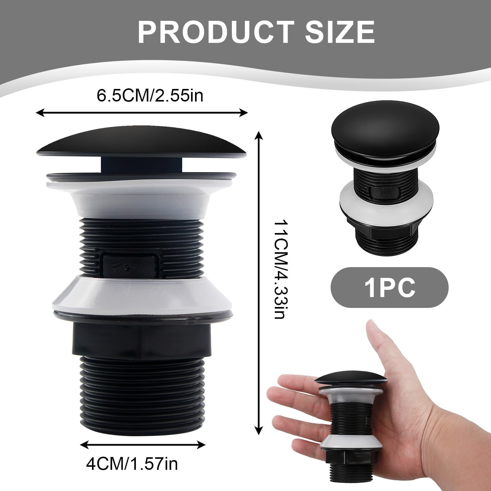 Desagüe Lavabo Sin Rebosadero Universal, Válvula para Lavabo Clic Clac, Tapón Desague Lavabo para Fregadero y Lavabo (Negro Mate)