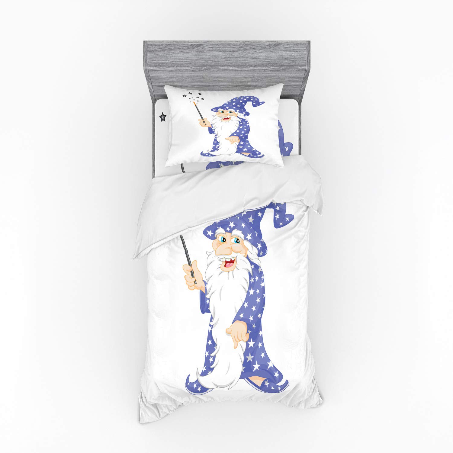 Ambesonne Wizard Bedding Set, Laughing Old Man with a Magic Wand and Stars Kids Tale Fantasy Character, 3 Piece Duvet Cover Set with Sham and Fitted Sheet, Twin Size, Ceil Blue White Black