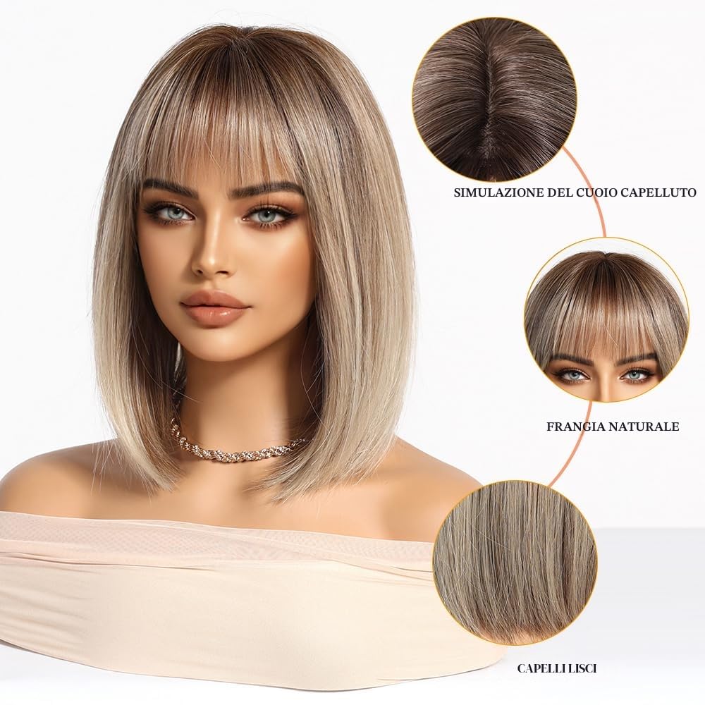 Esmee Parrucche Bob Corte Lisce Biondo Con Frangia Parrucca alla Lunghezza delle Spalle Sintetiche Ombre per Cosplay Uso Quotidiano & Party