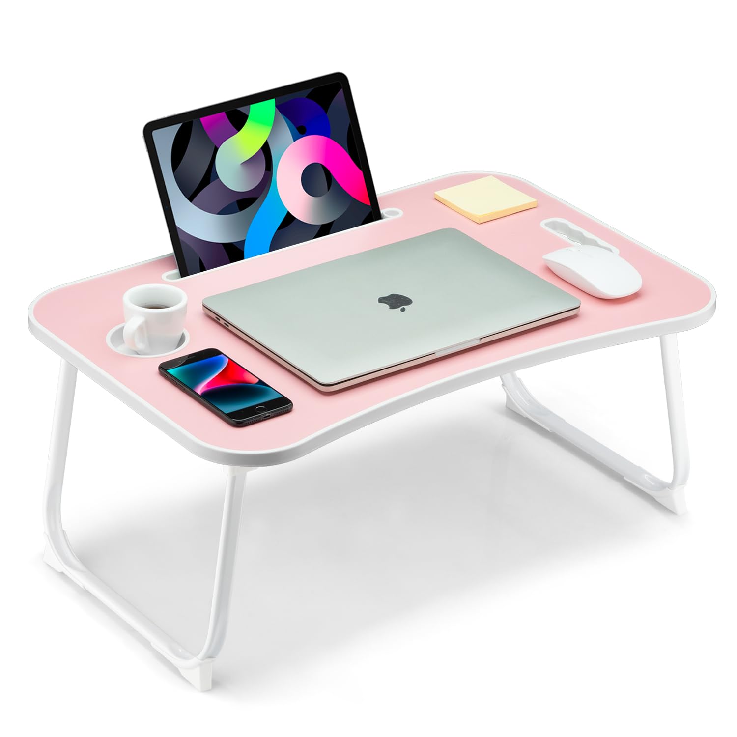 Foldable Lap Desk, Laptop Bed Desk, Portable Lap Table, Laptop Bed Table with Cup Holder & Tablet Slot & Lifting Handle for Working Writing Drawing & Eating - Pink