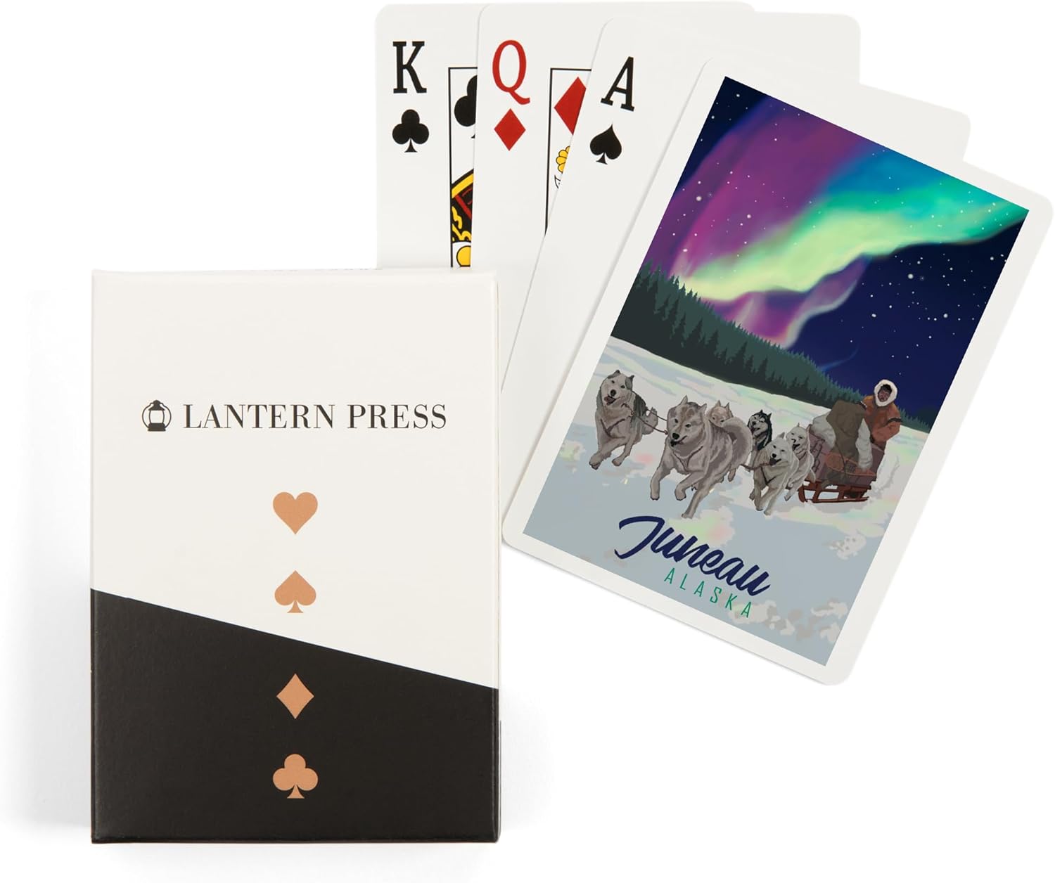 Lantern Press Juneau, Alaska, Northern Lights, Dog Sled, 52 Playing Cards for Adults, Poker Size Card Deck