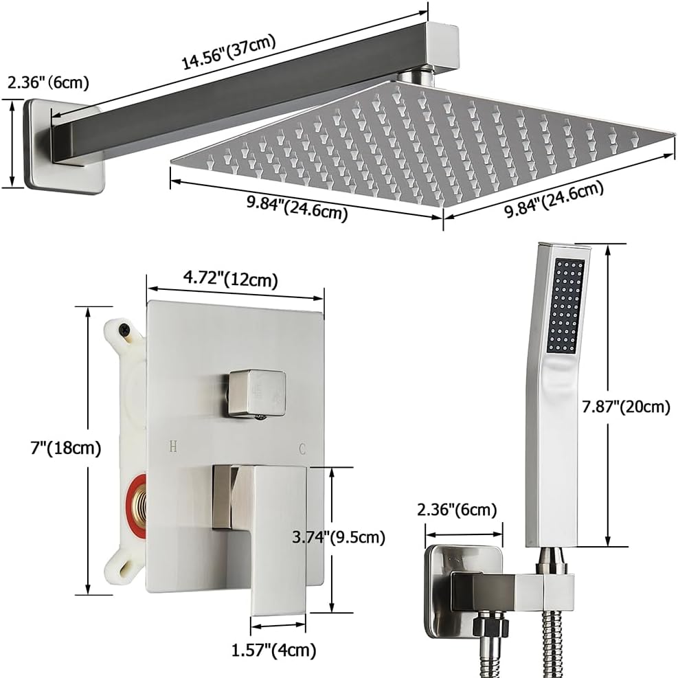Brushed Nickel Shower System - 10" Rain Shower Head & Handheld Combo, Complete Shower Faucet Set with Rough-in Brass Valve & Trim (All-in-One Bathroom Kit)