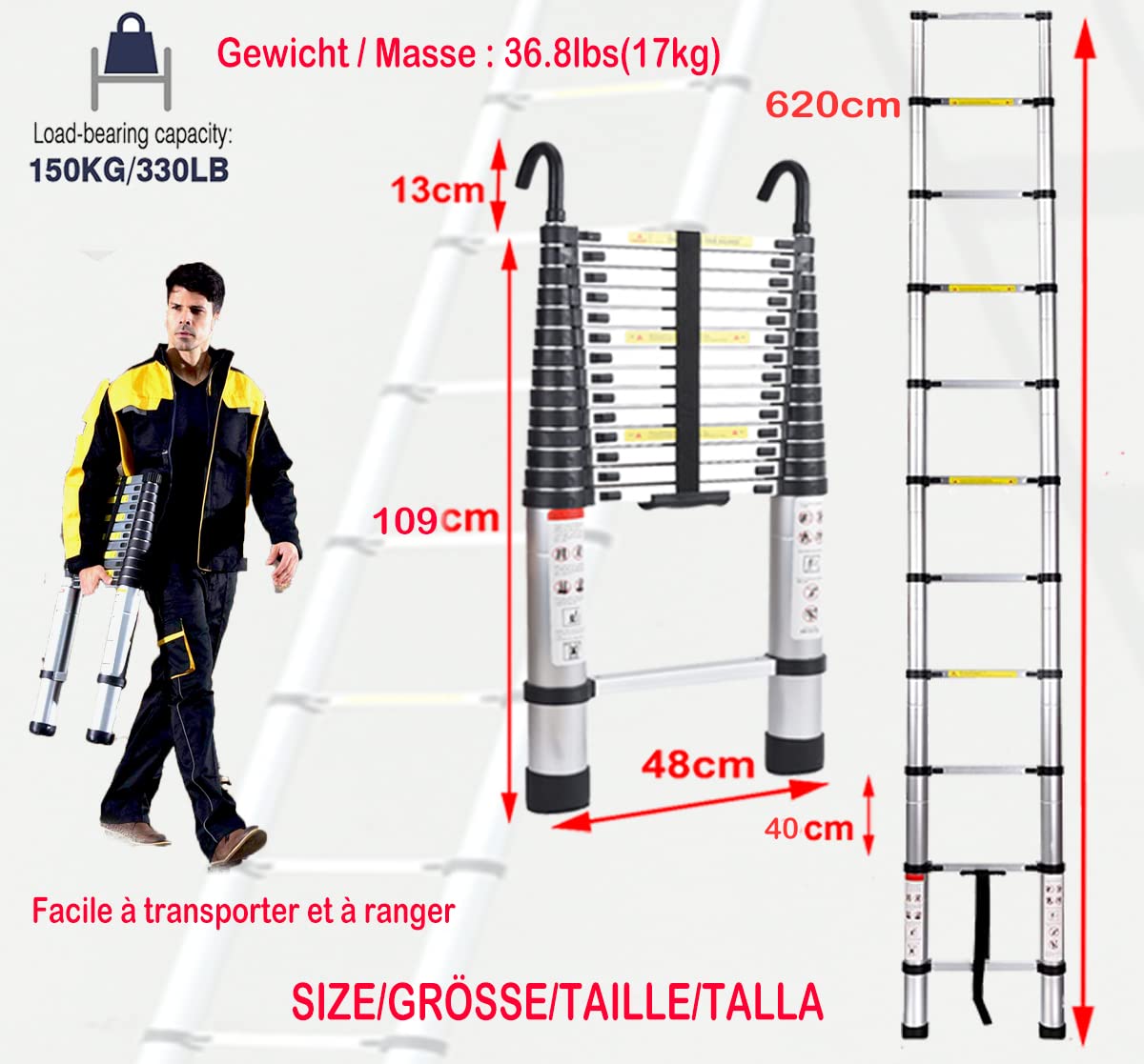 6.2M Échelle Télescopique avec 2 Crochets Amovibles Portable Échelle Pliant en Aluminium Telescopic Ladder EN131 pour Attic/Grenier 150kg Charge (Couleur d'origine Argent)