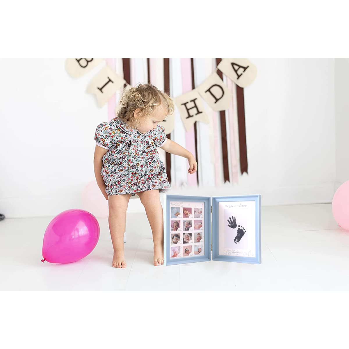 LEcylankEr Impronta Mani e Piedi Neonati, Portafoto 12 Mesi Regalo Battesimo Bimbo,Cornice per Foto Pieghevole a Due Vie con Tampone di Inchiostro Ricaricabile Nero (blu)