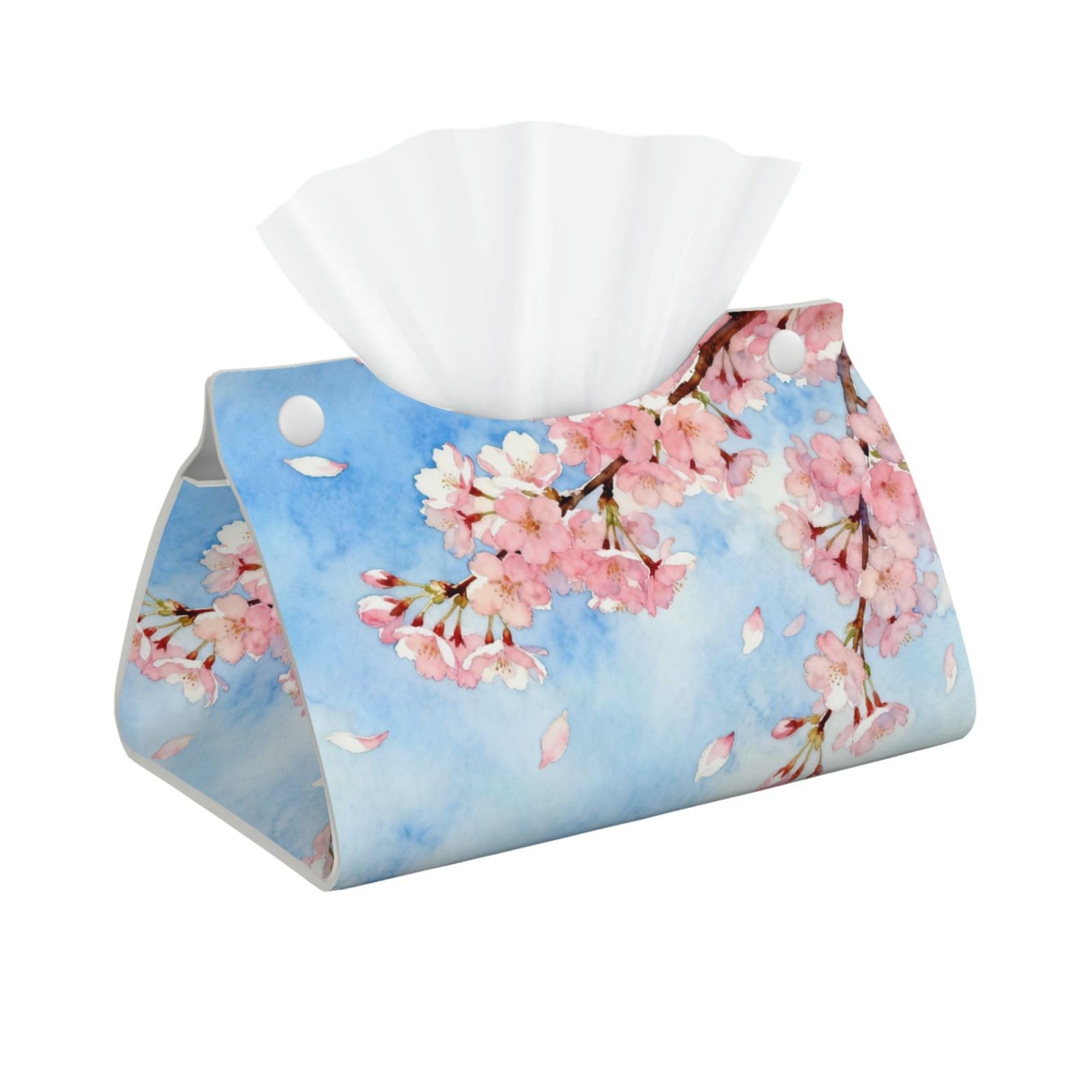 Spring Cherry Bloom Long Leather Tissue Box Cover-Waterproof PU Leather Tissue Holder for Bathroom, Decorative Rectangular Tissue Case